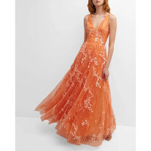 $698 Dress the Population Coral Samira Vneck Beaded Sequin Gown Small NEW D444